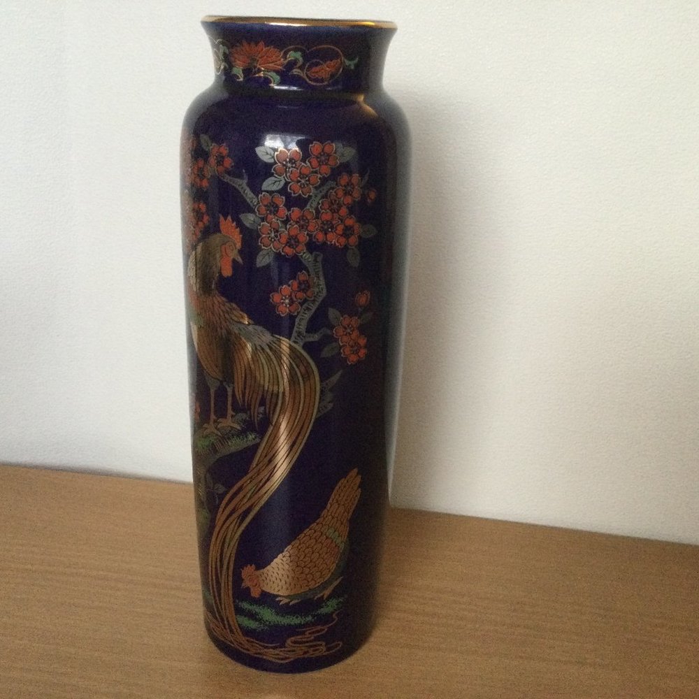 Japanese cobalt blue hand decorated with chickens red flowers 9 3/4" h
